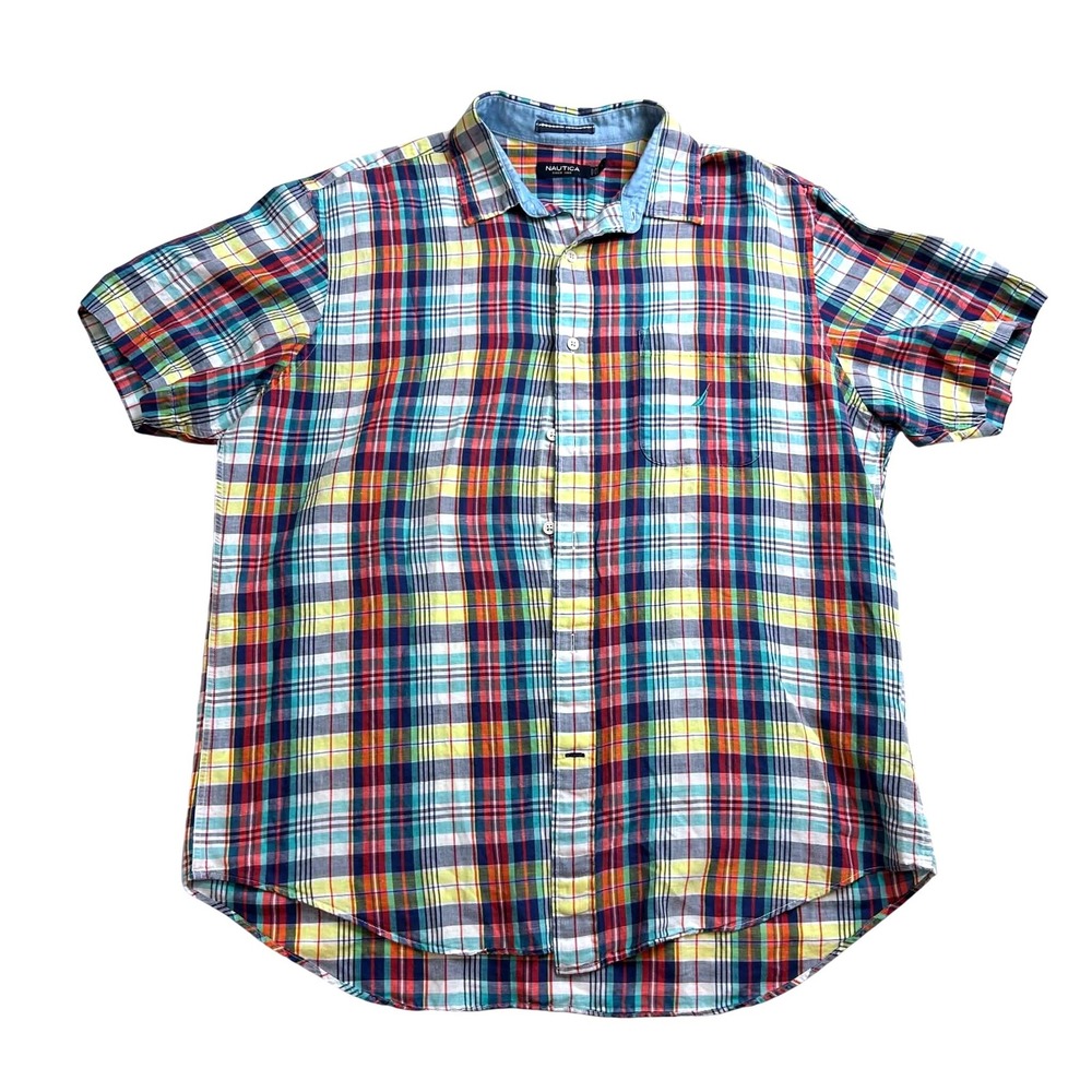 Nautica Men's Large Linen Cotton Plaid Short Sleeve Button Up Shirt